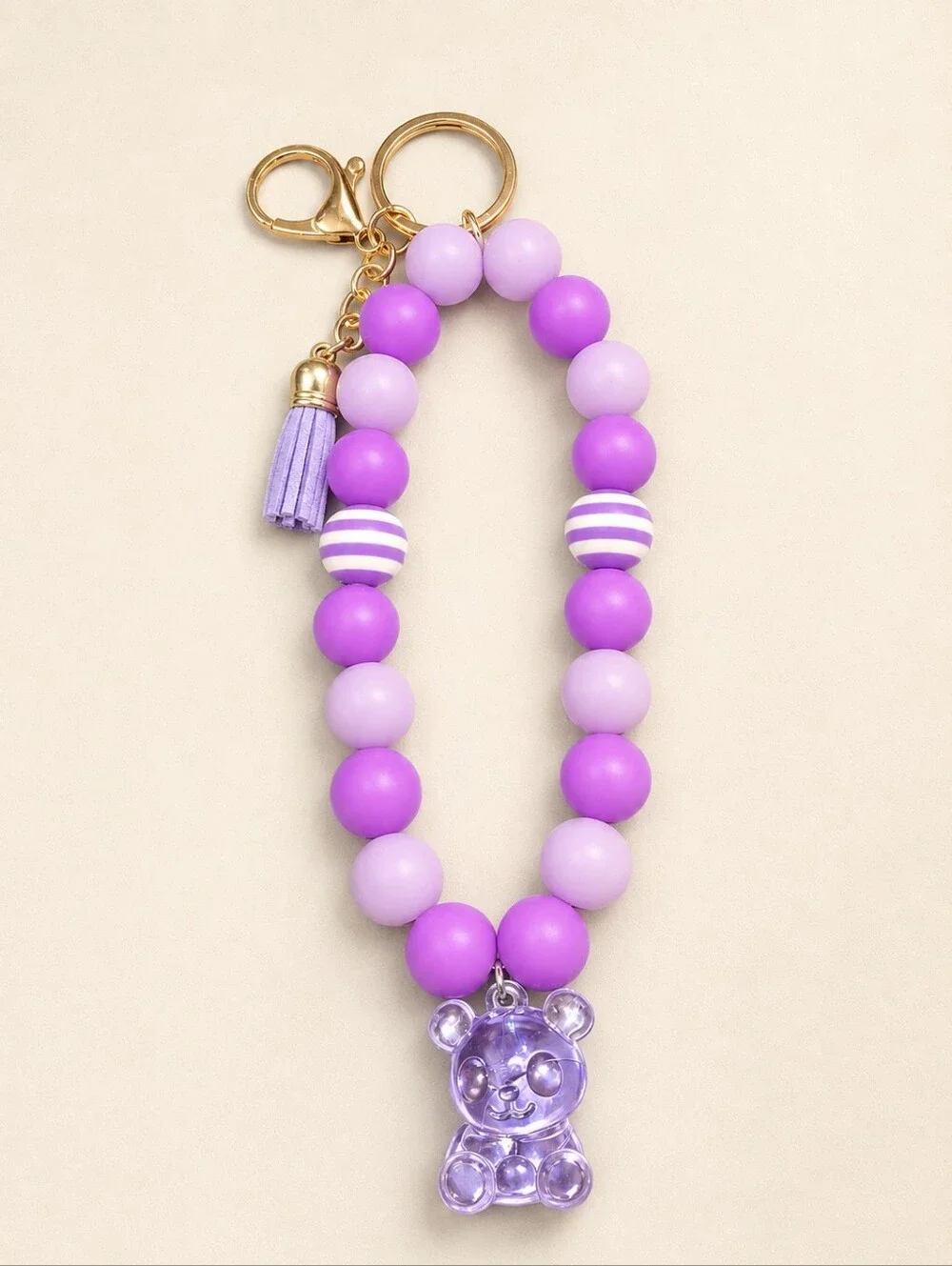 Handmade Purple Beaded Teddy Keychain Wristlet